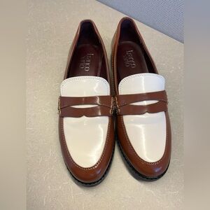 Franco Sarto Two-Tone Patent Penny Loafers Brown Cream—Women’s 7.5